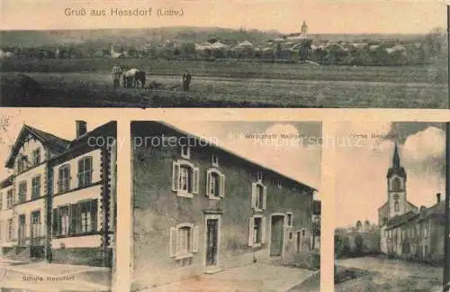 AK / Ansichtskarte Hessdorf Hestroff Boulay-Moselle 57 Moselle Panorama Feldarbeit Schule Wirtschaft Maillard Kirche