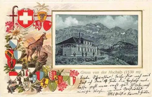 AK / Ansichtskarte Hochalp 1530m Urnaesch SG Berghotel Saentisgruppe Appenzeller Alpen Bilderrahmen Gemse Wappen