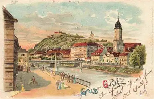 AK / Ansichtskarte GRAZ  Steiermark AT Blick ueber die Mur zum Schlossberg Glockenturm Kuenstlerkarte