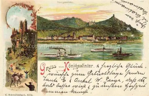 AK / Ansichtskarte Koenigswinter Panorama Blick ueber den Rhein Ruine Drachenfels Kuenstlerkarte
