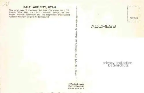 AK / Ansichtskarte Salt Lake City Utah USA Aerial view of downtown L.D.S. Church Office Building Mormon Temple Mormon Tabernacle Wasatch Mountain in the background