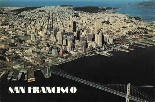 AK / Ansichtskarte SAN FRANCISCO California USA Aerial view Bay Bridge and Golden Gate Bridge in the distance