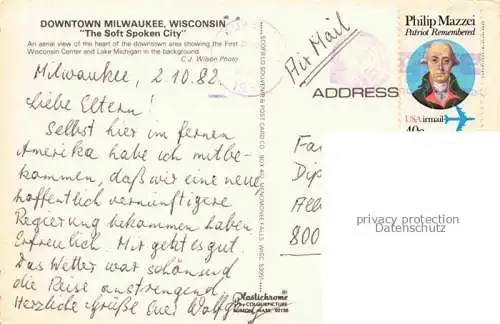 AK / Ansichtskarte Milwaukee  Wisconsin USA Aerial view of the heart of downtown First Wisconsin Center Lake Michigan