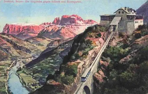 AK / Ansichtskarte Bozen  BOLZANO Suedtirol IT Virglbahn gegen Schlern und Rosengarten Dolomiten Kuenstlerkarte