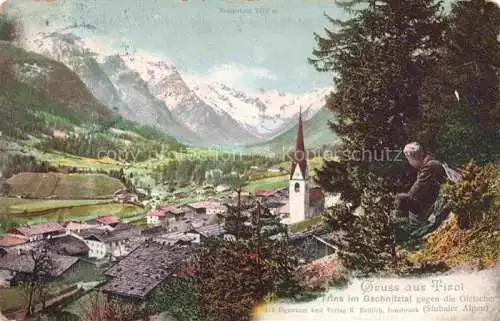 AK / Ansichtskarte Trins Gschnitztal Innsbruck Tirol AT Panorama Ansicht mit Kirche Blick gegen die Gletscher