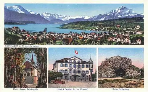 AK / Ansichtskarte KuessNACHT Vierwaldstaettersee SZ Panorama Vierwaldstaettersee Alpen Hohle Gasse Tellskapelle Hotel Pension du Lac Ruine Gesslerburg