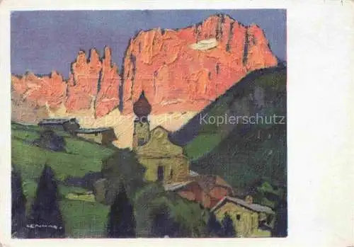 AK / Ansichtskarte Tires Bolzano Dolomiti Dolomiten IT Ansicht mit Kirche Dolomiten Kuenstlerkarte