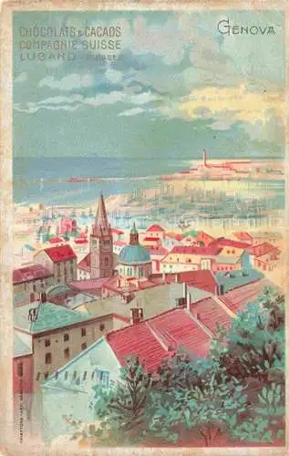 AK / Ansichtskarte GENOVA Genua Liguria IT Panorama Werbung Chocolats Cacaos Compangie Suisse Lugano Kuenstlerkarte