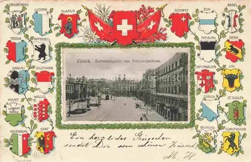 AK / Ansichtskarte ZueRICH  ZH Bahnhofsplatz mit Polytechnikum Kantonswappen