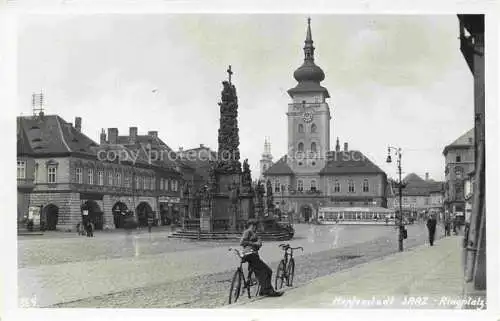 AK / Ansichtskarte Saaz Zatec Aussig CZ Ringplatz Dreifaltigkeitssaeule Rathaus