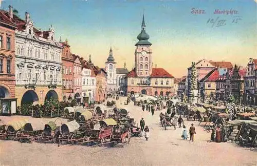 AK / Ansichtskarte Saaz Zatec Aussig CZ Marktplatz Dreifaltigkeitssaeule Rathaus