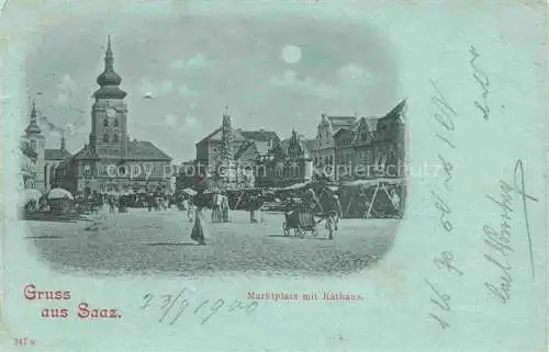 AK / Ansichtskarte Saaz Zatec Aussig CZ Marktplatz Dreifaltigkeitssaeule Rathaus im Mondschein