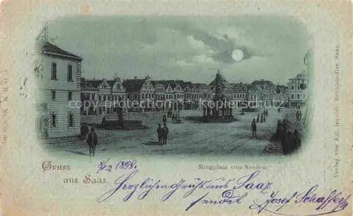 AK / Ansichtskarte Saaz Zatec Aussig CZ Ringplatz Dreifaltigkeitssaeule im Mondschein