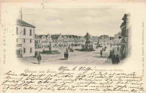 AK / Ansichtskarte Saaz Zatec Aussig CZ Ringplatz Dreifaltigkeitssaeule