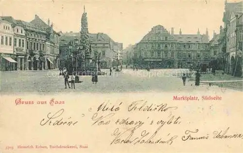 AK / Ansichtskarte Saaz Zatec Aussig CZ Marktplatz Dreifaltigkeitssaeule