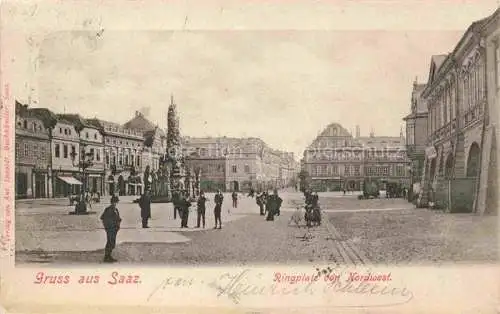 AK / Ansichtskarte Saaz Zatec Aussig CZ Ringplatz Dreifaltigkeitssaeule