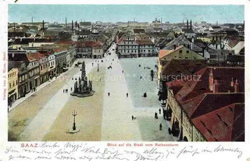 AK / Ansichtskarte Saaz Zatec Aussig CZ Ringplatz Dreifaltigkeitssaeule Blick vom Rathausturm