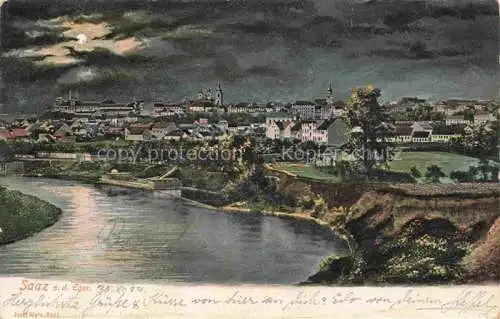 AK / Ansichtskarte Saaz Zatec Aussig CZ Stadtpanorama im Mondschein Kuenstlerkarte