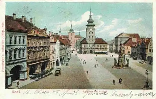 AK / Ansichtskarte Saaz Zatec Aussig CZ Ringplatz Dreifaltigkeitssaeule Rathaus