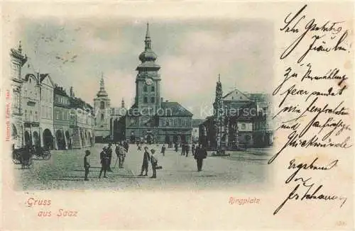 AK / Ansichtskarte Saaz Zatec Aussig CZ Ringplatz Dreifaltigkeitssaeule Rathaus