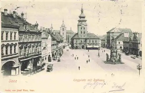 AK / Ansichtskarte Saaz Zatec Aussig CZ Ringplatz Dreifaltigkeitssaeule Rathaus