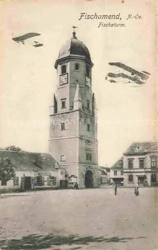 AK / Ansichtskarte Fischamend Niederoesterreich AT Marktplatz Fischaturm Doppeldecker Flugzeuge