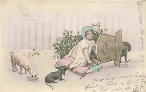 AK / Ansichtskarte Dackel Dachshund Teckel Hunde dogs Chiens Cani Vienne Schwein Babybett Kind  