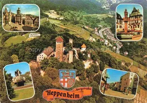 AK / Ansichtskarte Heppenheim Bergstrasse Starkenburg Luftaufnahme Motive Altstadt Marktplatz Rathaus Brunnen Park