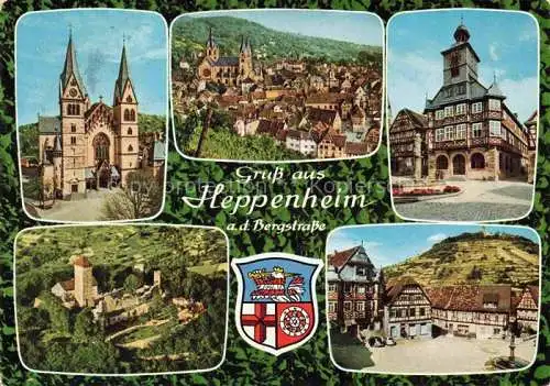 AK / Ansichtskarte Heppenheim Bergstrasse Stadtpanorama Dom Rathaus Marktplatz Altstadt Fachwerkhaeuser Starkenburg Luftaufnahme