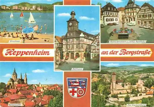 AK / Ansichtskarte Heppenheim Bergstrasse Bruchsee Badestrand Rathaus Marktbrunnen Liebig-Apotheke Fachwerkhaeuser Stadtpanorama Starkenburg