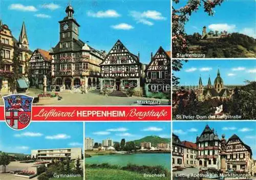 AK / Ansichtskarte Heppenheim Bergstrasse Marktplatz Rathaus Fachwerkhaeuser Starkenburg St. Peter Dom Gymnasium Bruchsee Apotheke Marktbrunnen