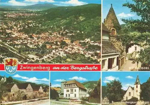 AK / Ansichtskarte Zwingenberg Bergstrasse Hessen Luftaufnahme Die Aul Befestigungsturm Stadtmauer Rathaus Bergkirche