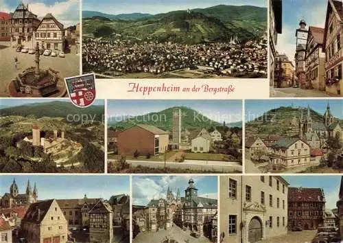 AK / Ansichtskarte Heppenheim Bergstrasse Luftaufnahme Motive Altstadt Fachwerkhaeuser Brunnen Starkenburg