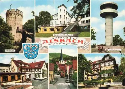 AK / Ansichtskarte Alsbach Bergstrasse Alsbach-Haehnlein Hessen Schlossturm Sanatorium Hirschpark Melibokusturm Gasthaus Kirche DRK-Altenwohnheim