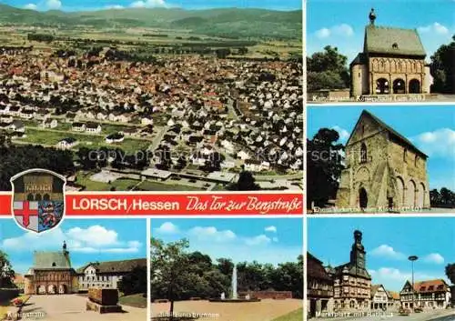AK / Ansichtskarte Lorsch Hessen Luftaufnahme Karolingische Koenigshalle ehemalige Vorkirche vom Kloster Marktplatz Rathaus Brunnen