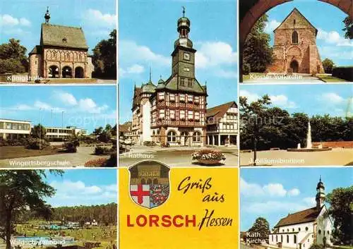 AK / Ansichtskarte Lorsch Hessen Koenigshalle Kloster Vorkirche Rathaus Schule Brunnen Freibad KIrche