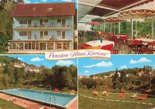 AK / Ansichtskarte Lindenfels Odenwald Pension Haus Karina Gastraum Swimming Pool Garten