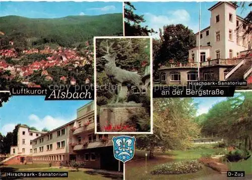 AK / Ansichtskarte Alsbach Bergstrasse Alsbach-Haehnlein Hessen Panorama Luftkurort Sanatorium Hirschpark Hirsch Statue D-Zug Parkanlagen