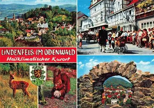AK / Ansichtskarte Lindenfels Odenwald Panorama Luftkurort Rehkitz Eichhoernchen Festumzug Durchblick vom Burgtor