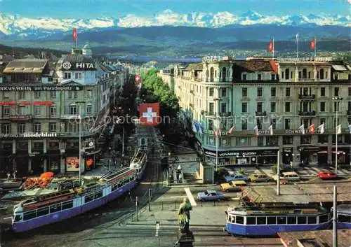 AK / Ansichtskarte STRAssENBAHN Tramway-- Zuerich Bahnhofstrasse Alpen Hotel Schweizerhof