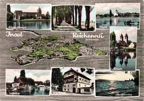 AK / Ansichtskarte Insel Reichenau Bodensee Fliegeraufnahme Muenster Mittelzell  Insel Zufahrt Oberzell Schiffslaende Gasthaus Abendstimmung
