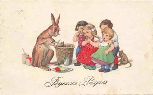AK / Ansichtskarte Ostern Easter Paques Pasqua-- Hase Kinder Katze Litho