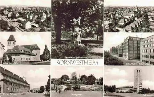 AK / Ansichtskarte Kornwestheim Stadtpanorama Johanneskirche Schule Stadtgarten Skulpturen Schuhfabrik Salamander Rathaus