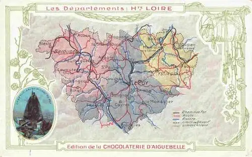 AK / Ansichtskarte LE PUY  en-Velay 43 Haute-Loire Landkarte les Départements Haute Loire Chapelle Saint Michel Werbung Chocolaterie d'Aiguebelle