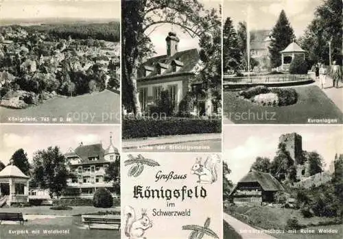 AK / Ansichtskarte Koenigsfeld  Baden Schwarzwald BW Panorama Kirche der Bruedergemeine Kuranlagen Kurpark mit Waldhotel Schwarzwaldhaus mit Ruine Waldau