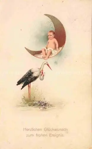 AK / Ansichtskarte Storch Stork Cigogne Ciguena-- Baby Kind Halbmond 