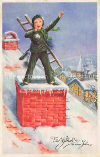 AK / Ansichtskarte Neujahr Annee New Year Kind Schornstein Schnee Leiter