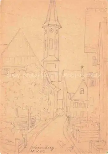 AK / Ansichtskarte Schoemberg Zollernalbkreis Balingen BW Ortszentrum mit Kirche Zeichnung Kuenstlerkarte