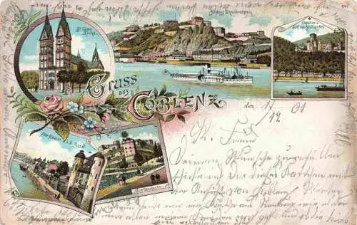 AK / Ansichtskarte Coblenz KOBLENZ Panorama Festung Ehrenbreitstein Schloss Stolzenfels Kirche Alte Haeuser an der Mosel Fort Constantin Litho