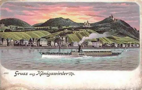 AK / Ansichtskarte Koenigswinter Rhein Panorama Blick ueber den Rhein Rheindampfer Litho